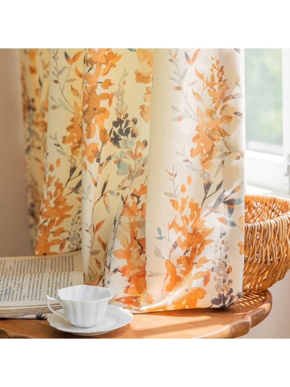 Burnt Orange Watercolor Floral Chenille Curtains - 84" Length, 2 Panels Set